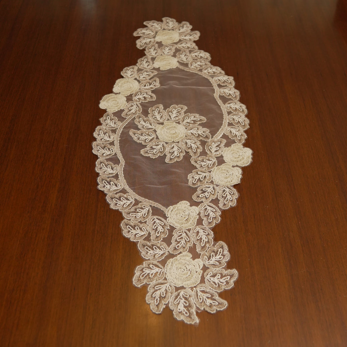 Beige Lace Rose Sheer Table Runner (Small)