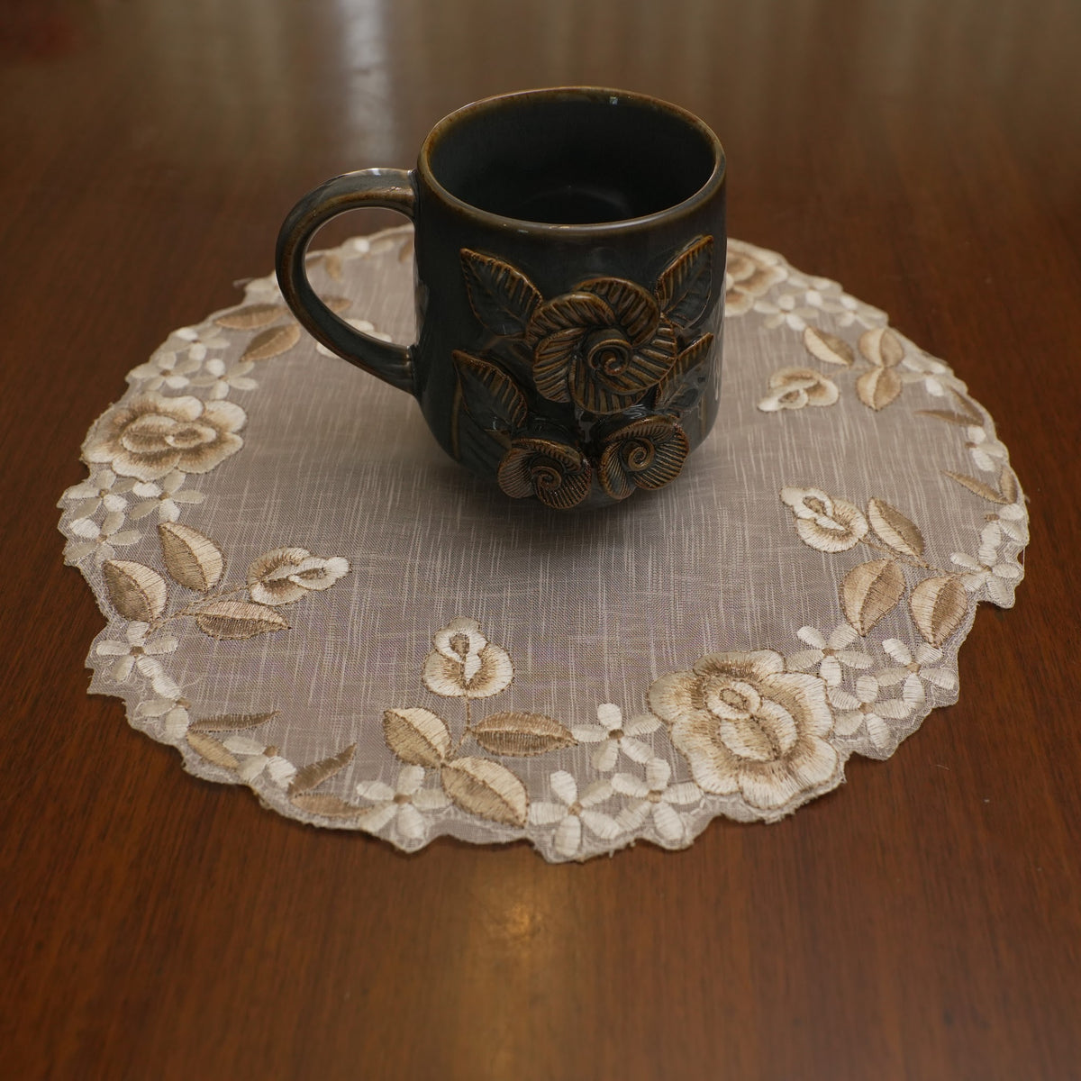 Beige Sheer Rose Embroidered Round Table Mat (Set of 2)