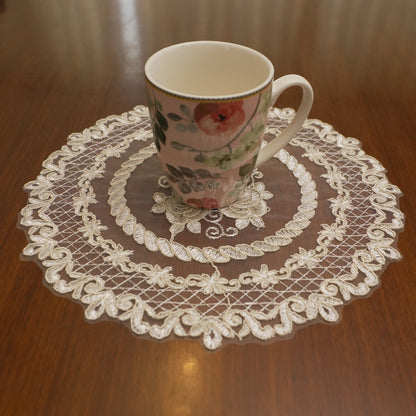 Ivory Rose Bouquet Sheer Lace Round Table Mat (Set of 2)