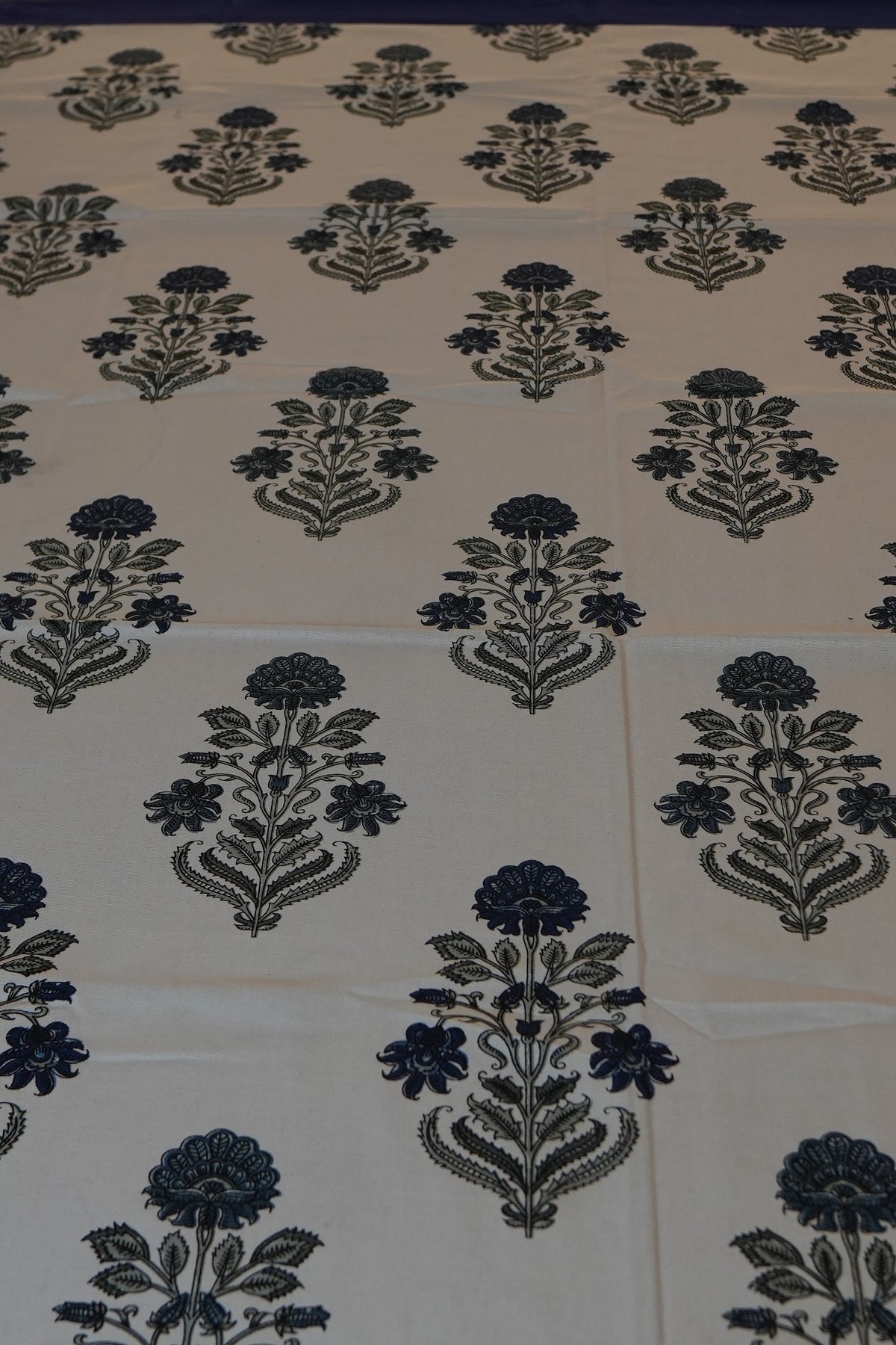 Navy Floral Buta Print Table Sheet with Blue Border (6 Seater)