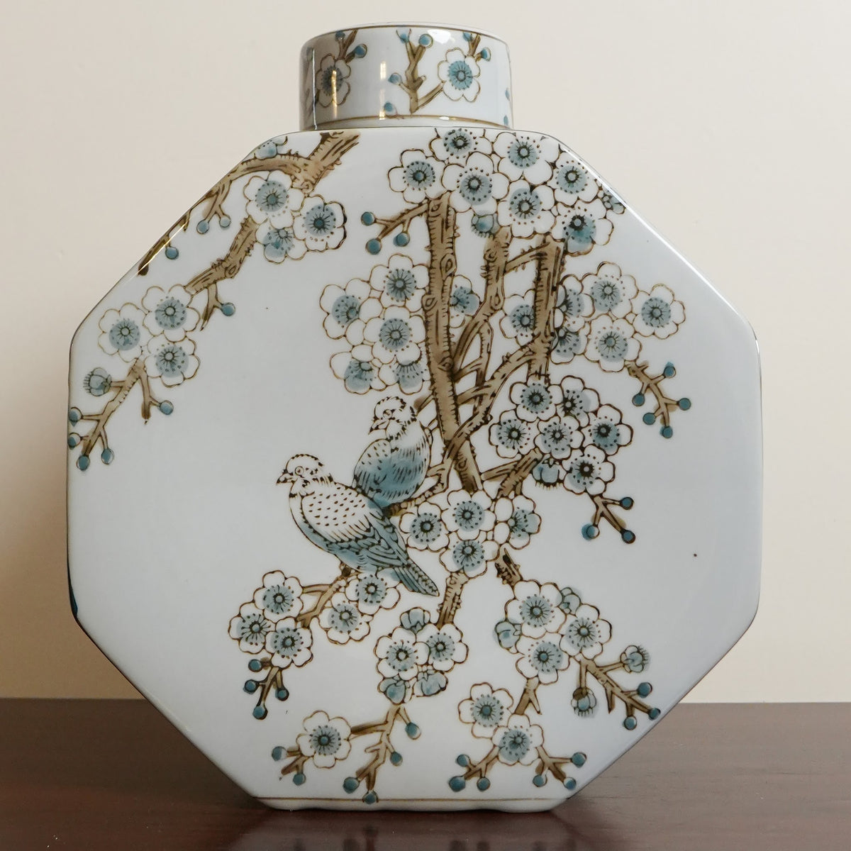 Grand Bluebird & Blossom Tree Ceramic Octagonal Flask Vase