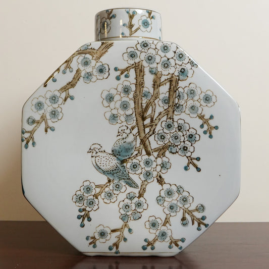 Grand Bluebird & Blossom Tree Ceramic Octagonal Flask Vase