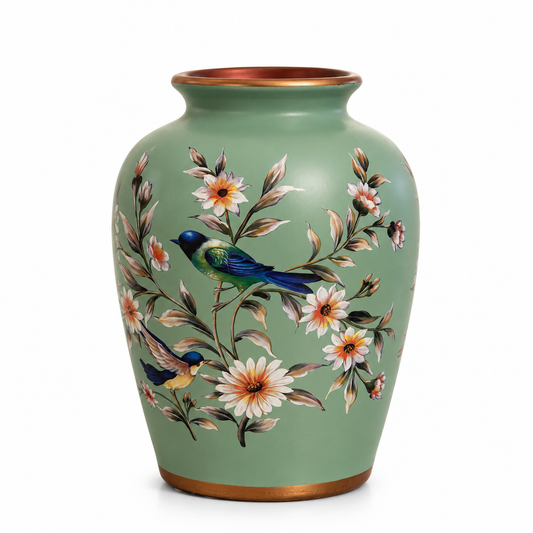 Sage Green Bird & Blossom Flared-Neck Ceramic Vase