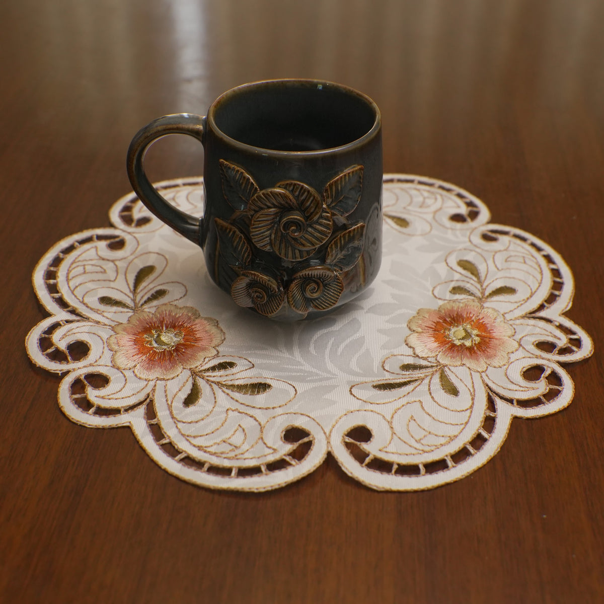 Peach Floral Embroidered Cutwork Round Table Mat (Set of 2)