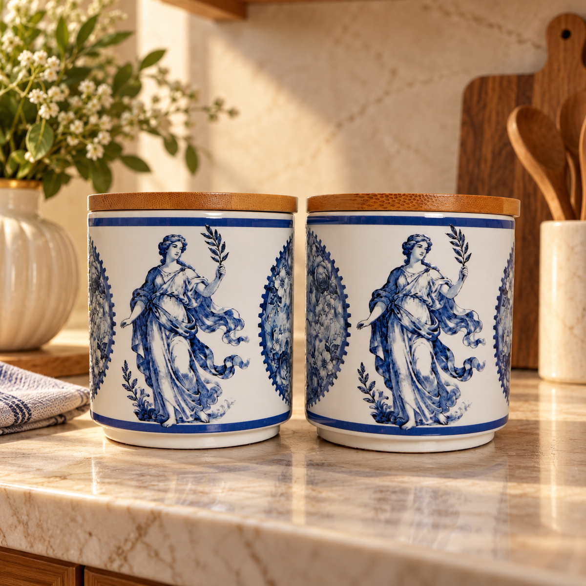 Blue Toile Ceramic Storage Jar with Bamboo Lid (Set of 2)