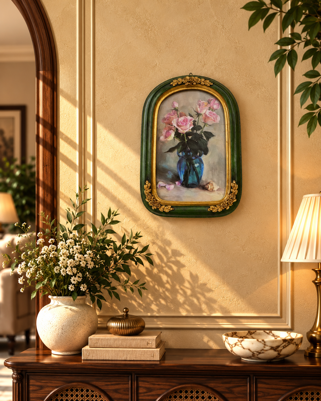 Grand Emerald Green Arched Photo Frame with Gold Rosettes