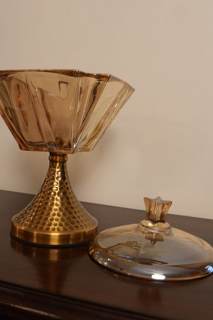 Amber Glass Lidded Pedestal Bowl with Hammered Gold Stand