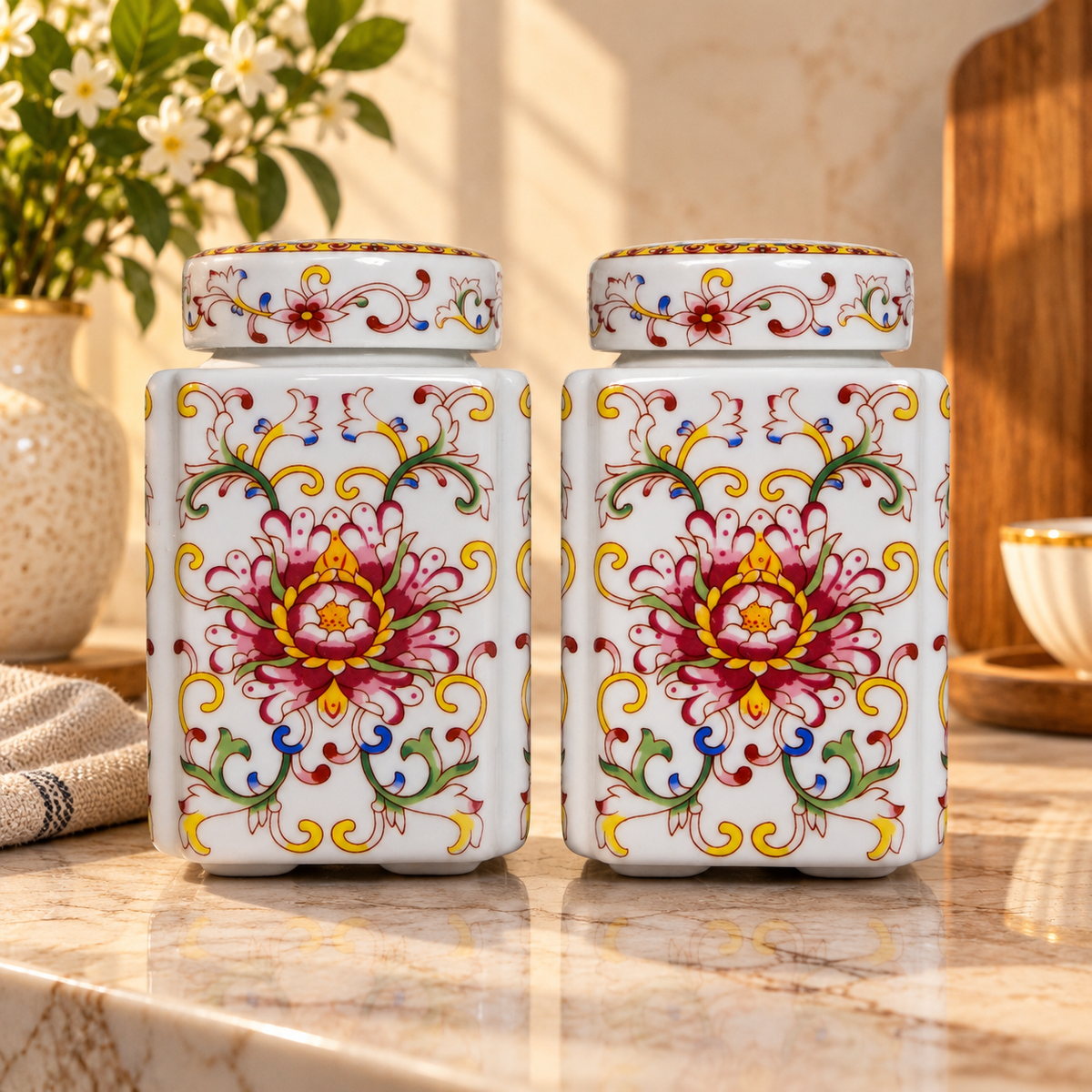 Famille Rose Lotus Ceramic Square Lidded Jar (Set of 2)