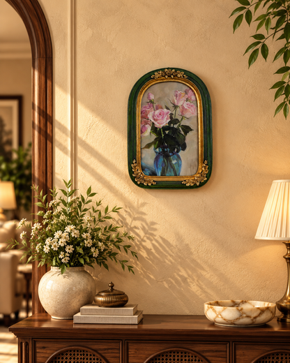 Emerald Green Arched Photo Frame with Gold Rosettes