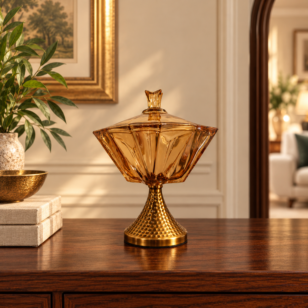 Amber Glass Lidded Pedestal Bowl with Hammered Gold Stand