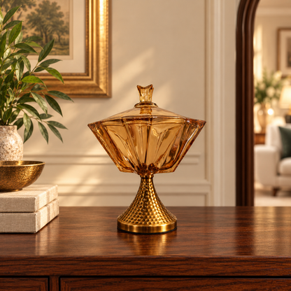 Amber Glass Lidded Pedestal Bowl with Hammered Gold Stand