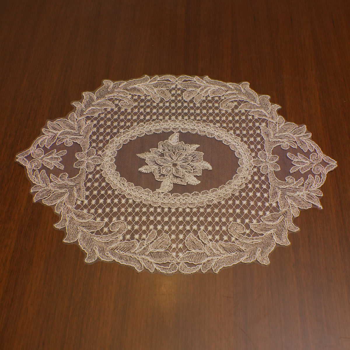 Beige Flower Medallion Net Lace Oval Table Mat (Set of 2)