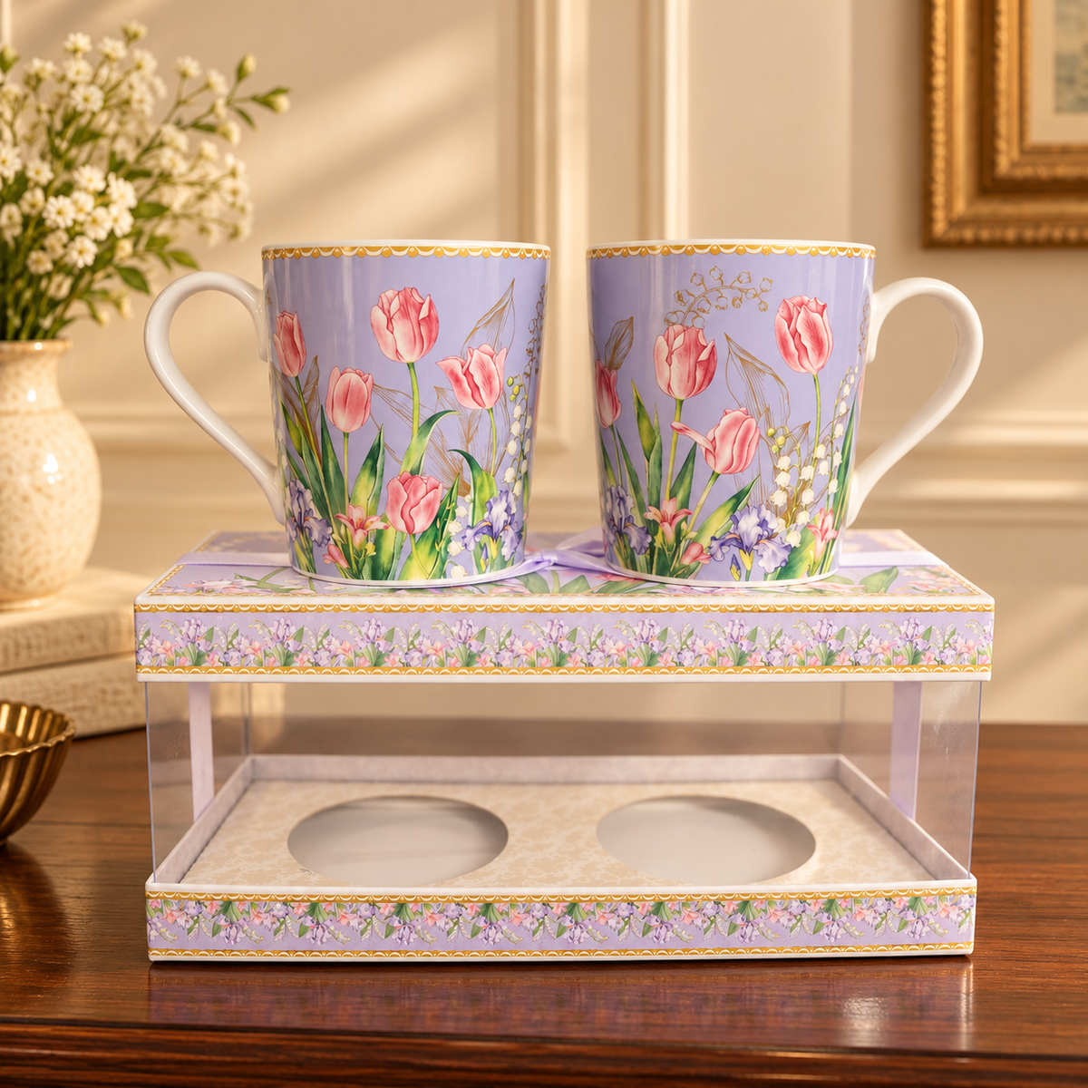 Lilac Tulip Ceramic Mug Set of 2 with Clear Gift Box