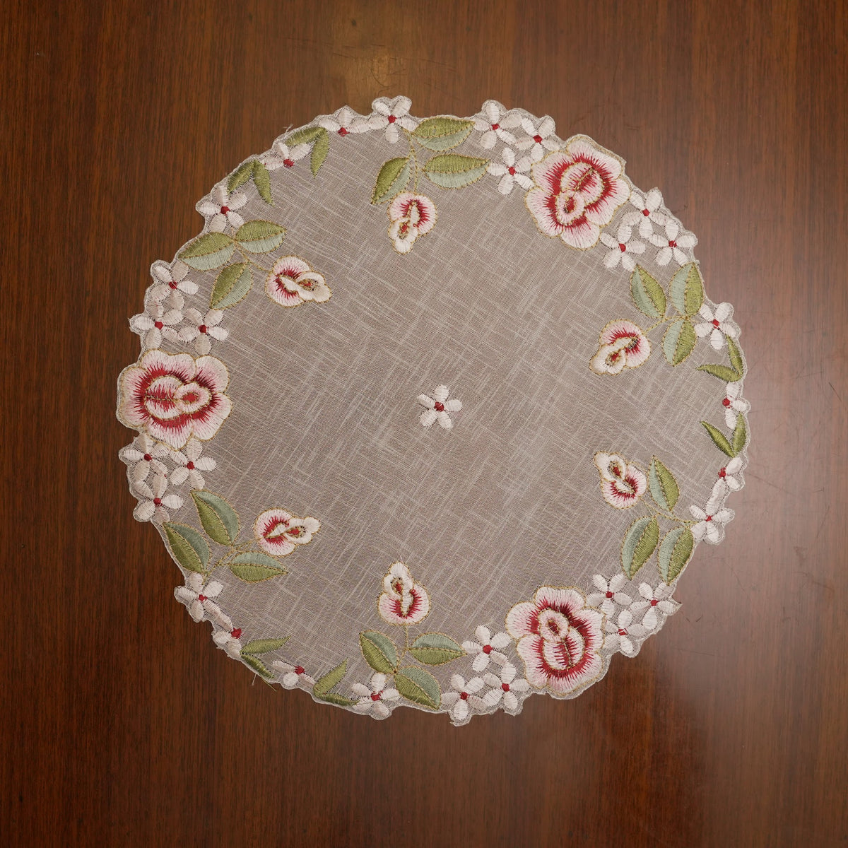 Red Rose & White Blossom Embroidered Sheer Round Table Mat (Set of 2)