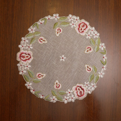 Red Rose & White Blossom Embroidered Sheer Round Table Mat (Set of 2)