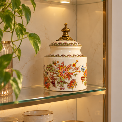 Ivory Jacobean Floral Ceramic Round Jar with Brass Finial Lid