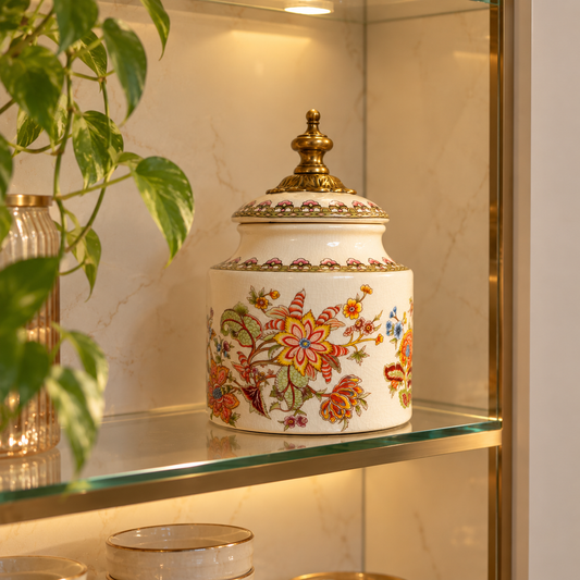 Ivory Jacobean Floral Ceramic Round Jar with Brass Finial Lid