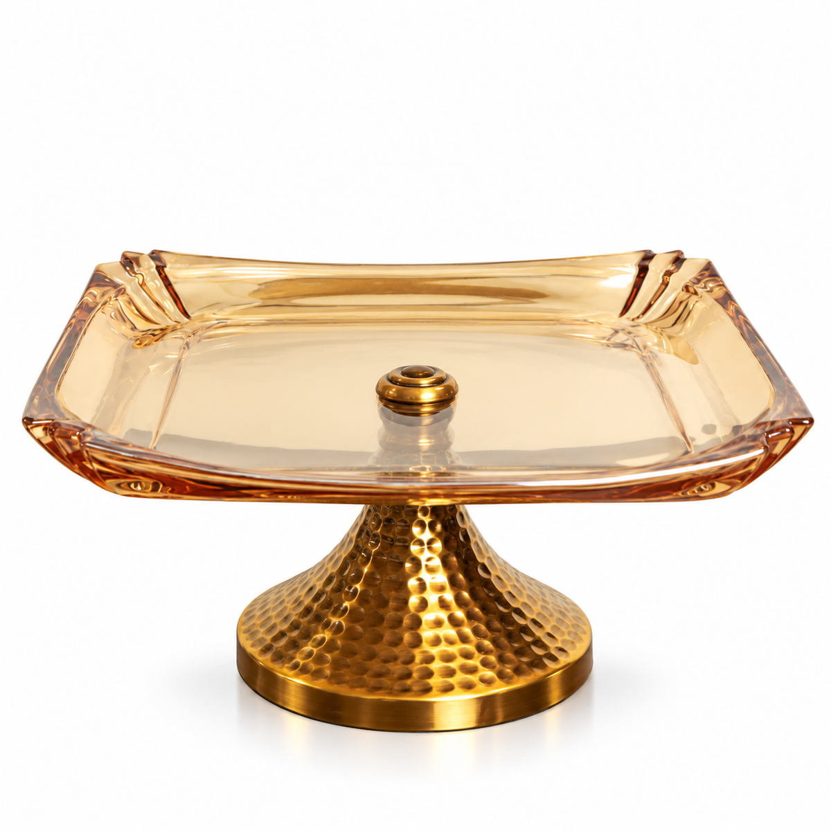 Amber Glass Square Pedestal Platter with Hammered Gold Stand