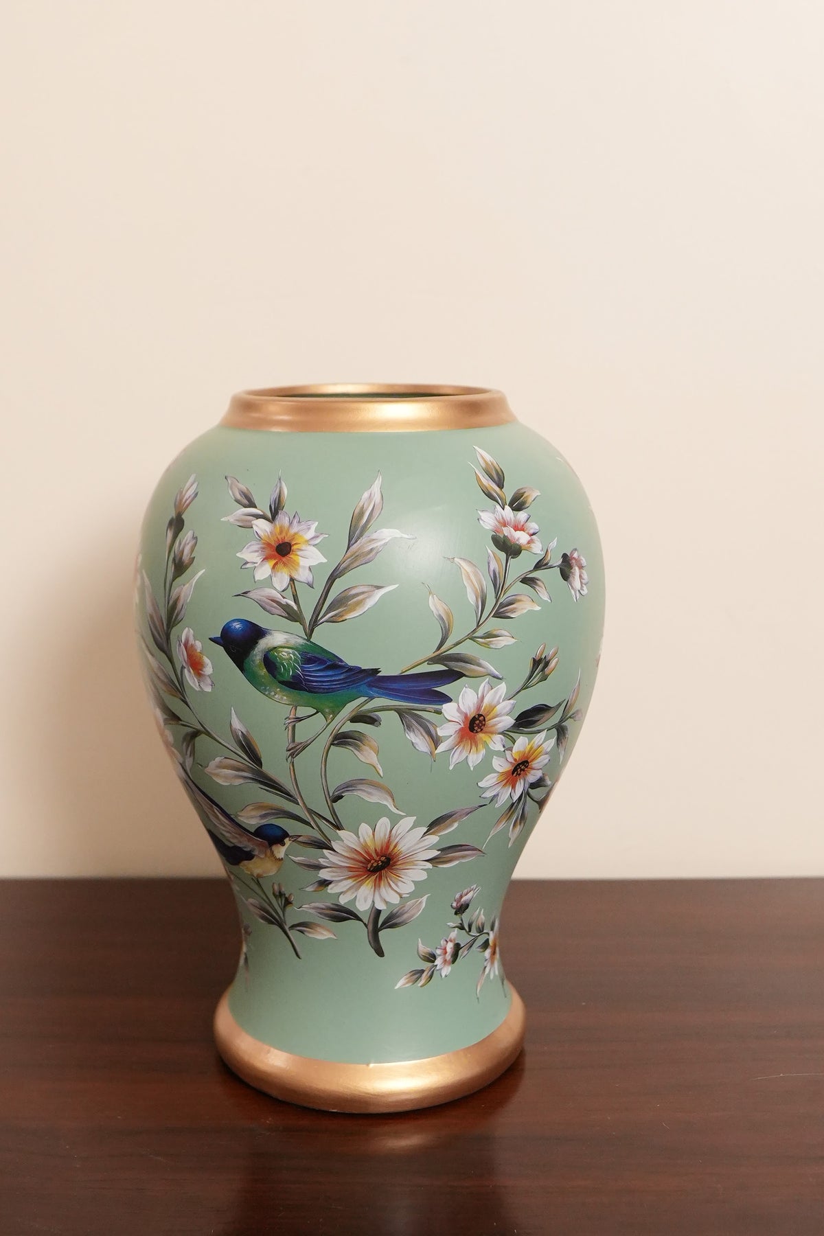 Sage Green Bird & Blossom Baluster Ceramic Vase