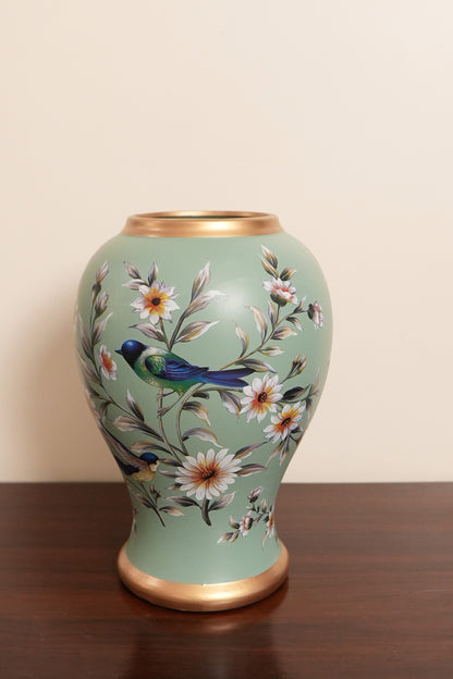 Sage Green Bird & Blossom Baluster Ceramic Vase