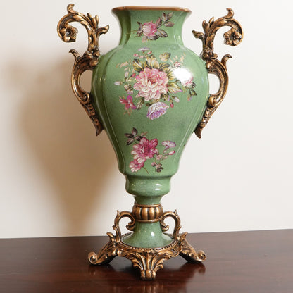 Sage Green Rose Ceramic Amphora Vase with Gold Scroll Handles & Pedestal