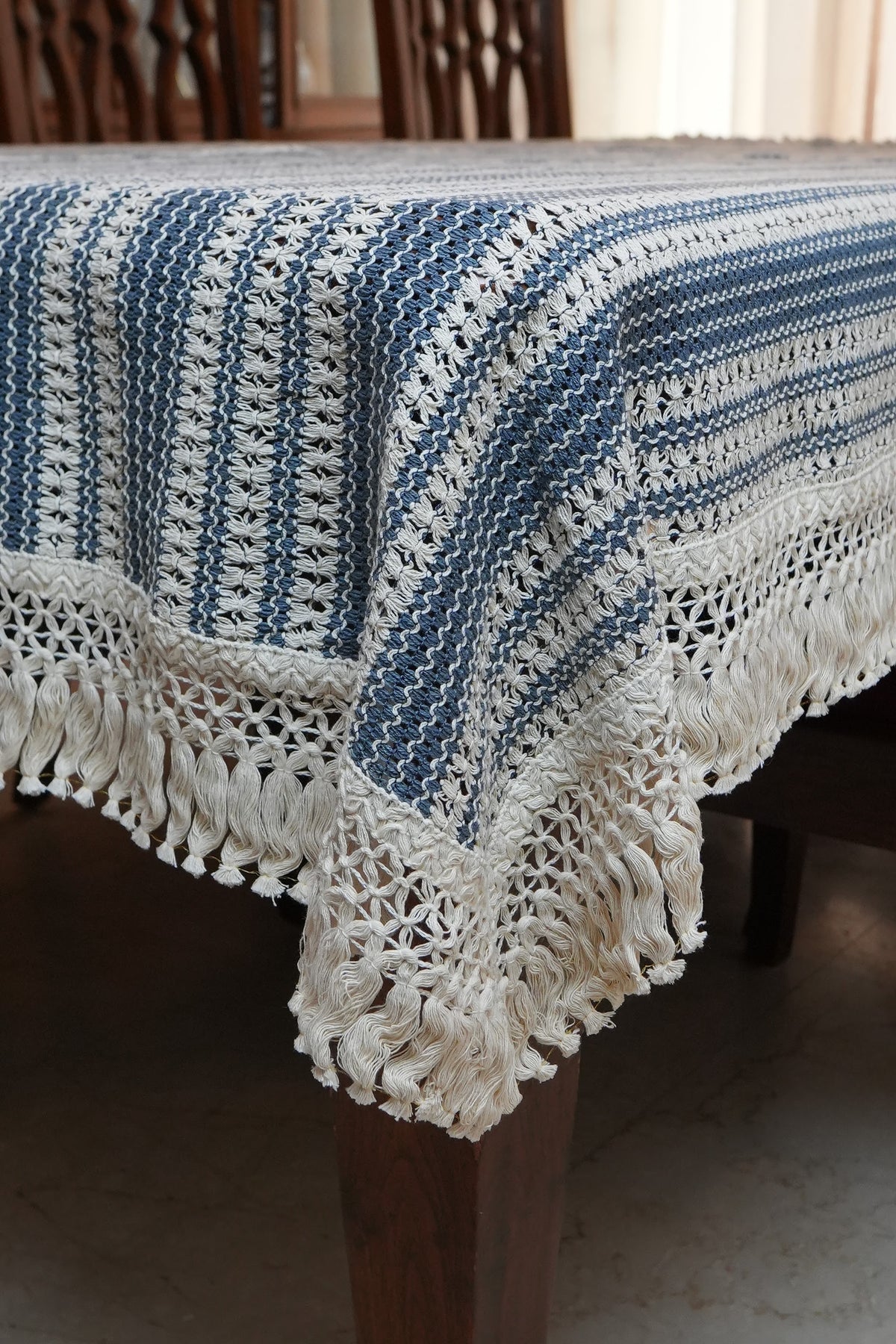 Navy & Cream Woven Stripe Table Sheet with Crochet Fringe (6 Seater)