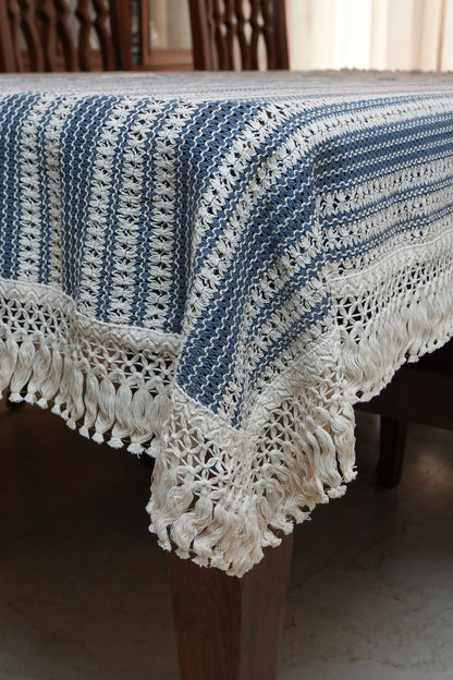 Navy & Cream Woven Stripe Table Sheet with Crochet Fringe (6 Seater)