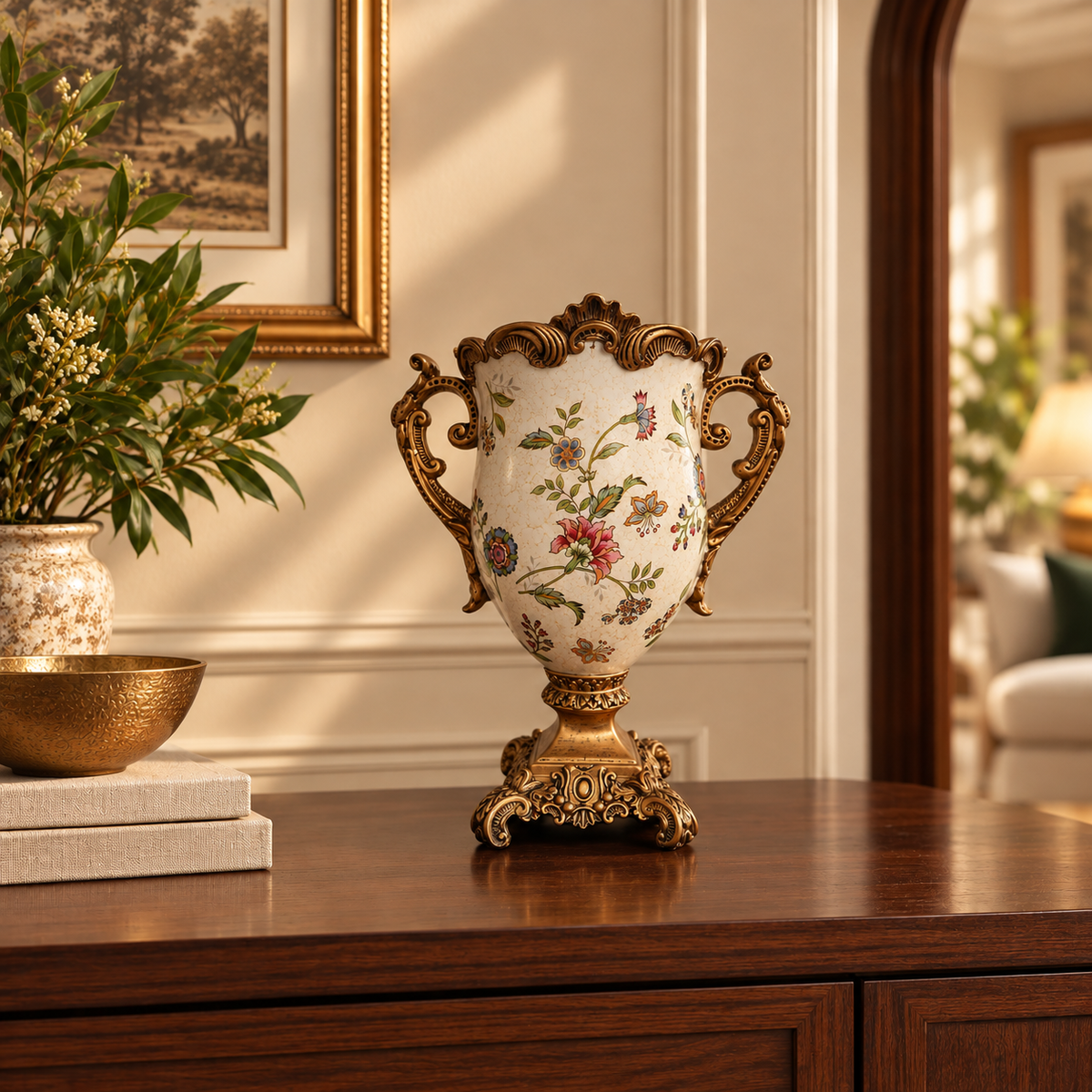 Ivory Floral Ceramic Trophy Vase with Ornate Gold Rim & Handles