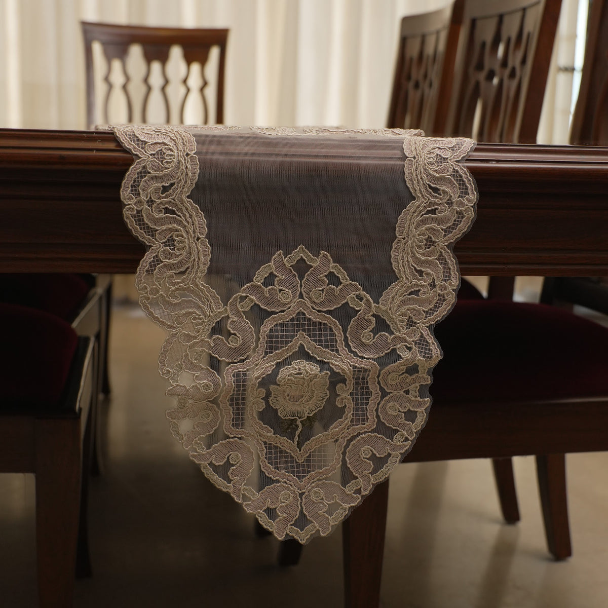 Beige Lace Medallion Sheer Table Runner (Long)