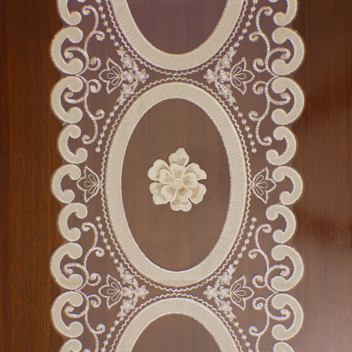 Ivory 3D Flower Oval Sheer Table Runner (Long)
