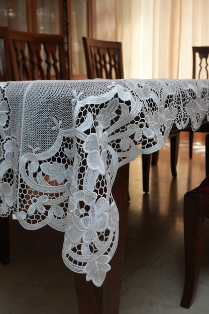 White Medallion Cutwork Lace Linen Table Sheet (6 Seater)