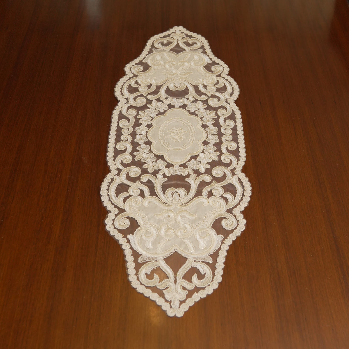Ivory Satin Scroll Lace Table Runner (Small)