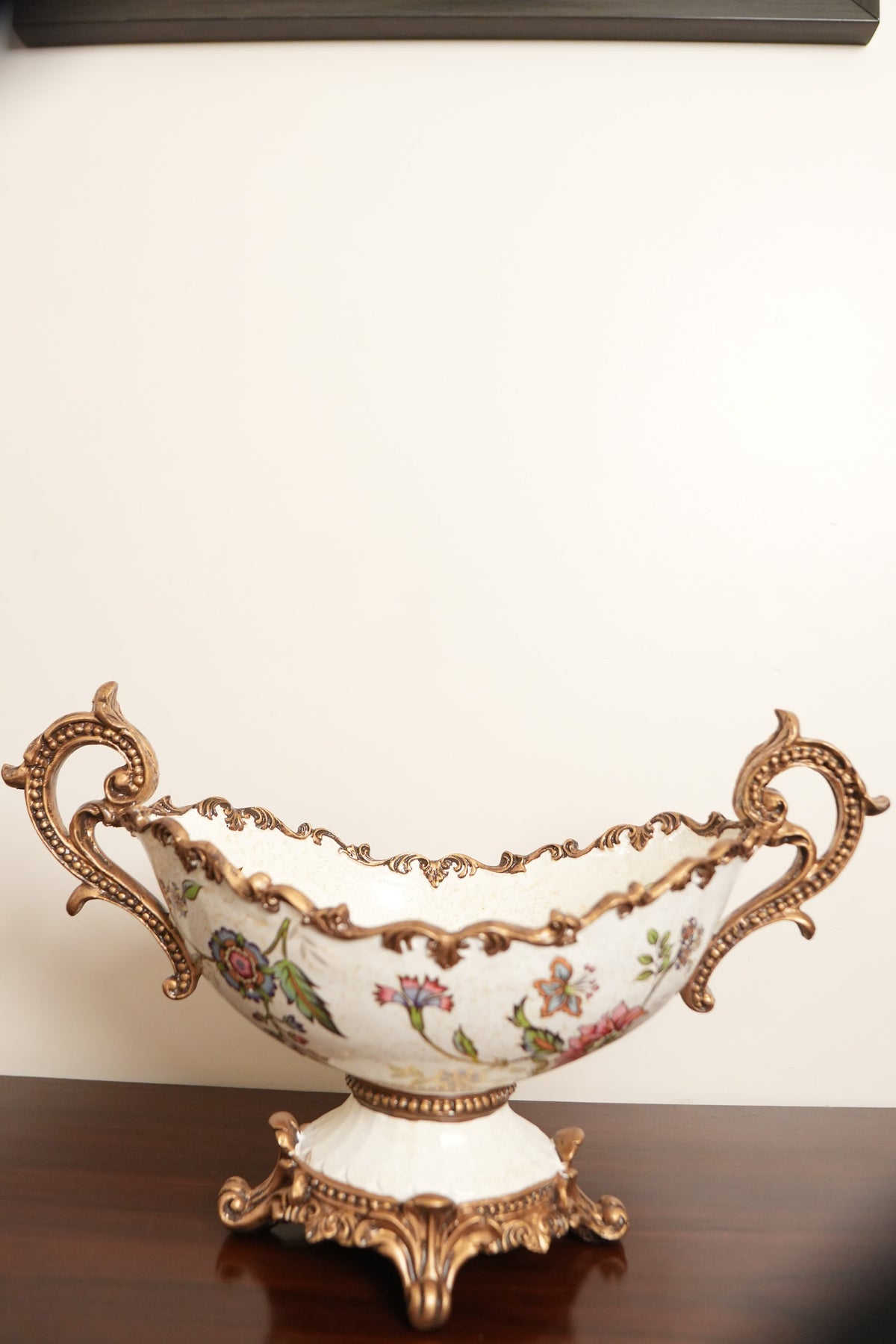 Ivory Floral Ceramic Boat Centerpiece with Gold Handles