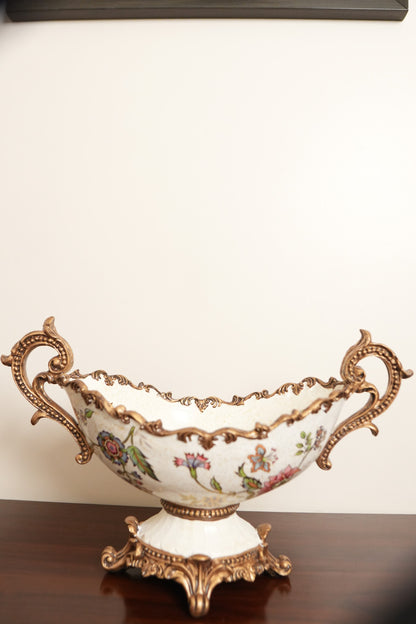 Ivory Floral Ceramic Boat Centerpiece with Gold Handles