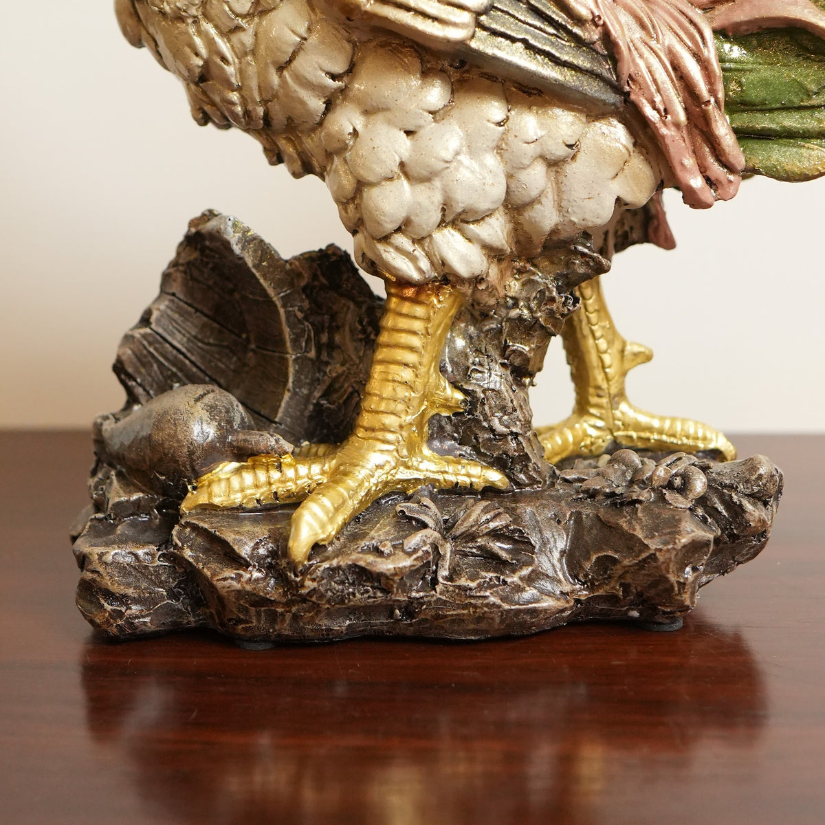 Golden Feather Rooster Figurine on Rock Base