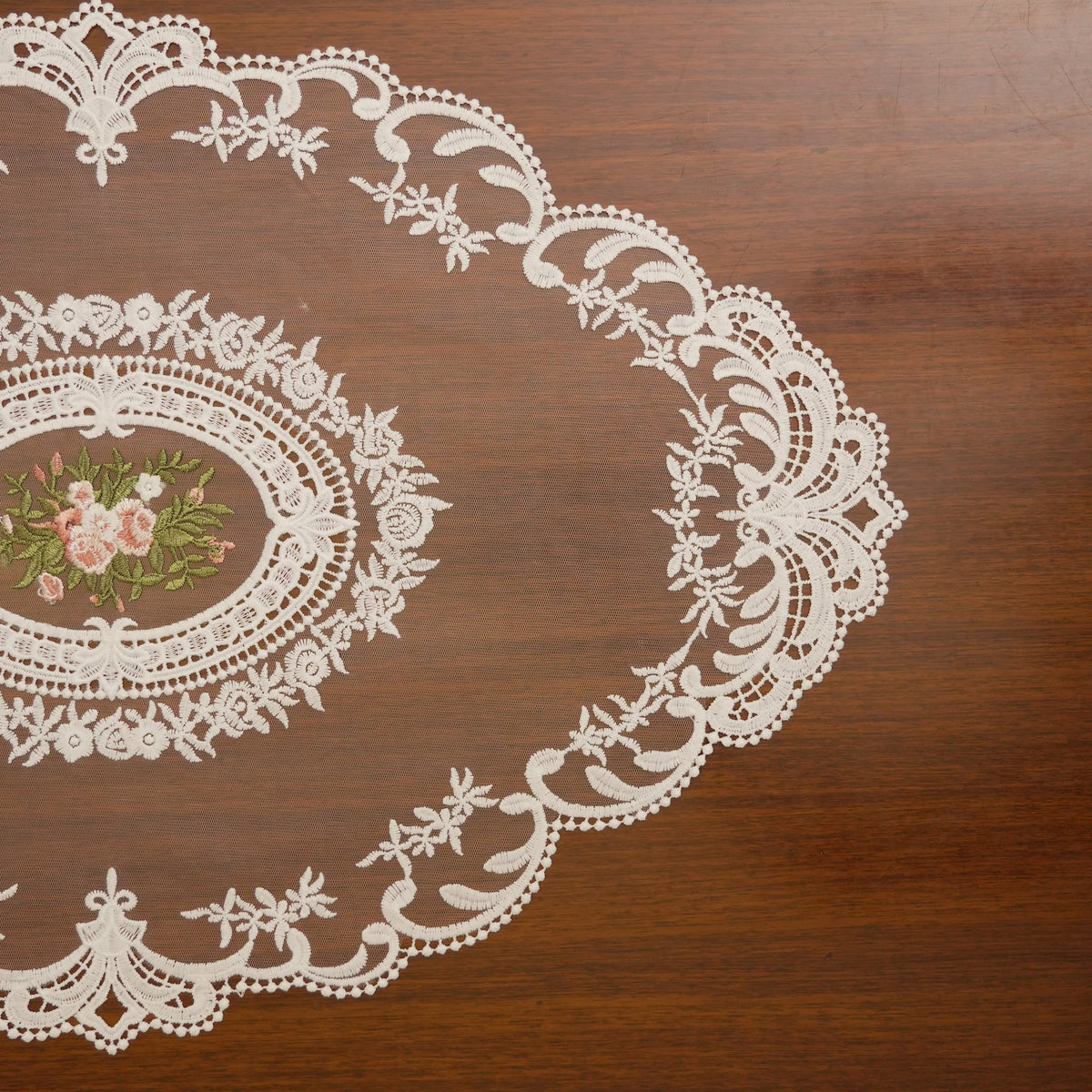 Ivory Rose Medallion Sheer Lace Table Runner (Small)