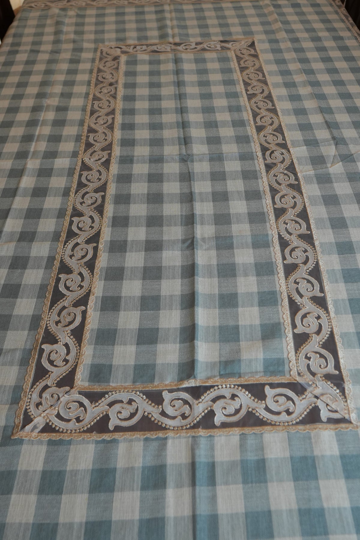 Blue Gingham Check Table Sheet with Scroll Lace Panel (6 Seater)