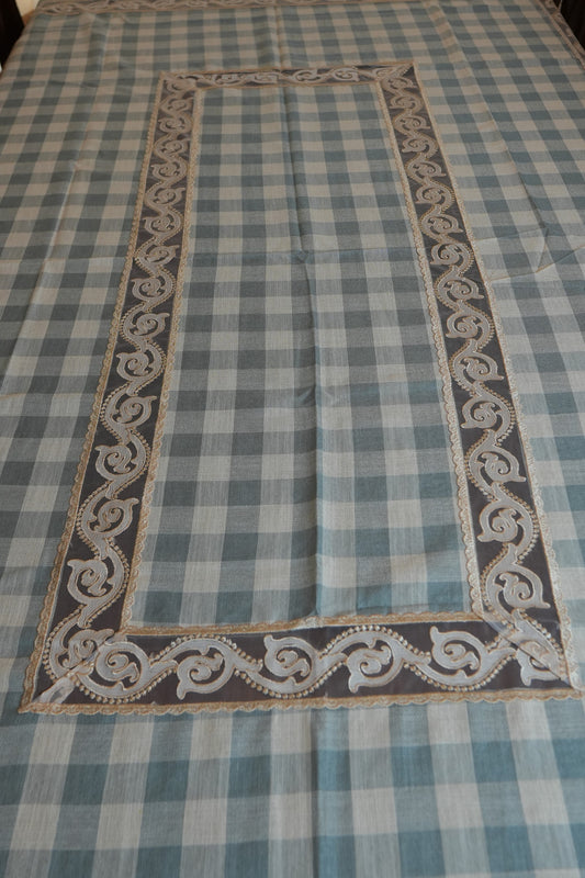 Blue Gingham Check Table Sheet with Scroll Lace Panel (6 Seater)