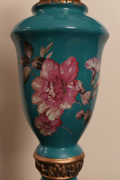 Teal Floral Ceramic 3-Arm Candle Stand with Gold Accents