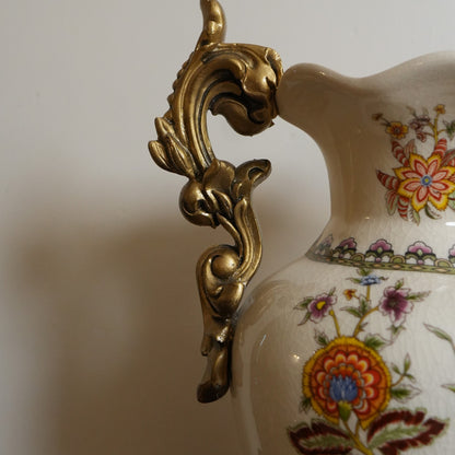Ivory Jacobean Floral Ceramic Vase with Gold Scroll Handles & Pedestal