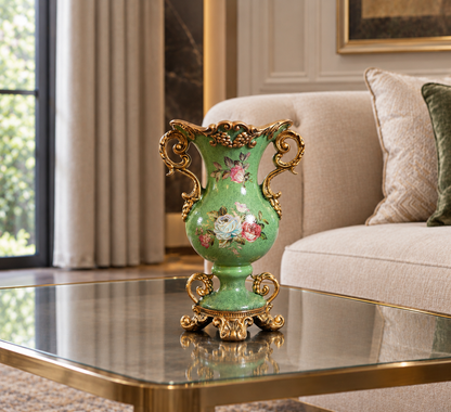 Sage Green Rose Ceramic Vase with Ornate Gold Rim, Handles & Pedestal