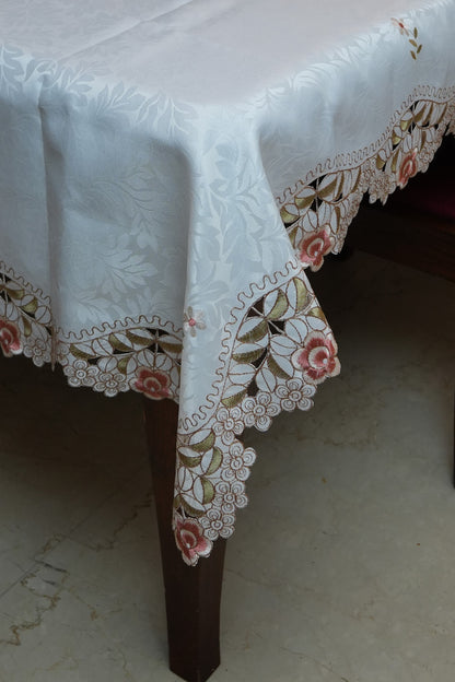 Pink Rose Embroidered Cutwork White Table Sheet (6 Seater)