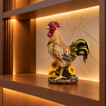 Golden Feather Rooster Figurine with Sunflowers