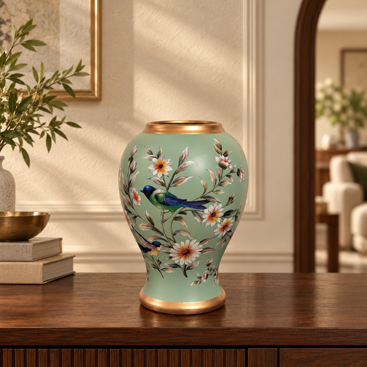 Sage Green Bird & Blossom Baluster Ceramic Vase