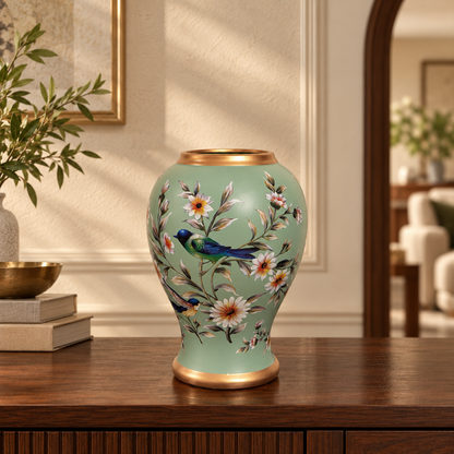 Sage Green Bird & Blossom Baluster Ceramic Vase