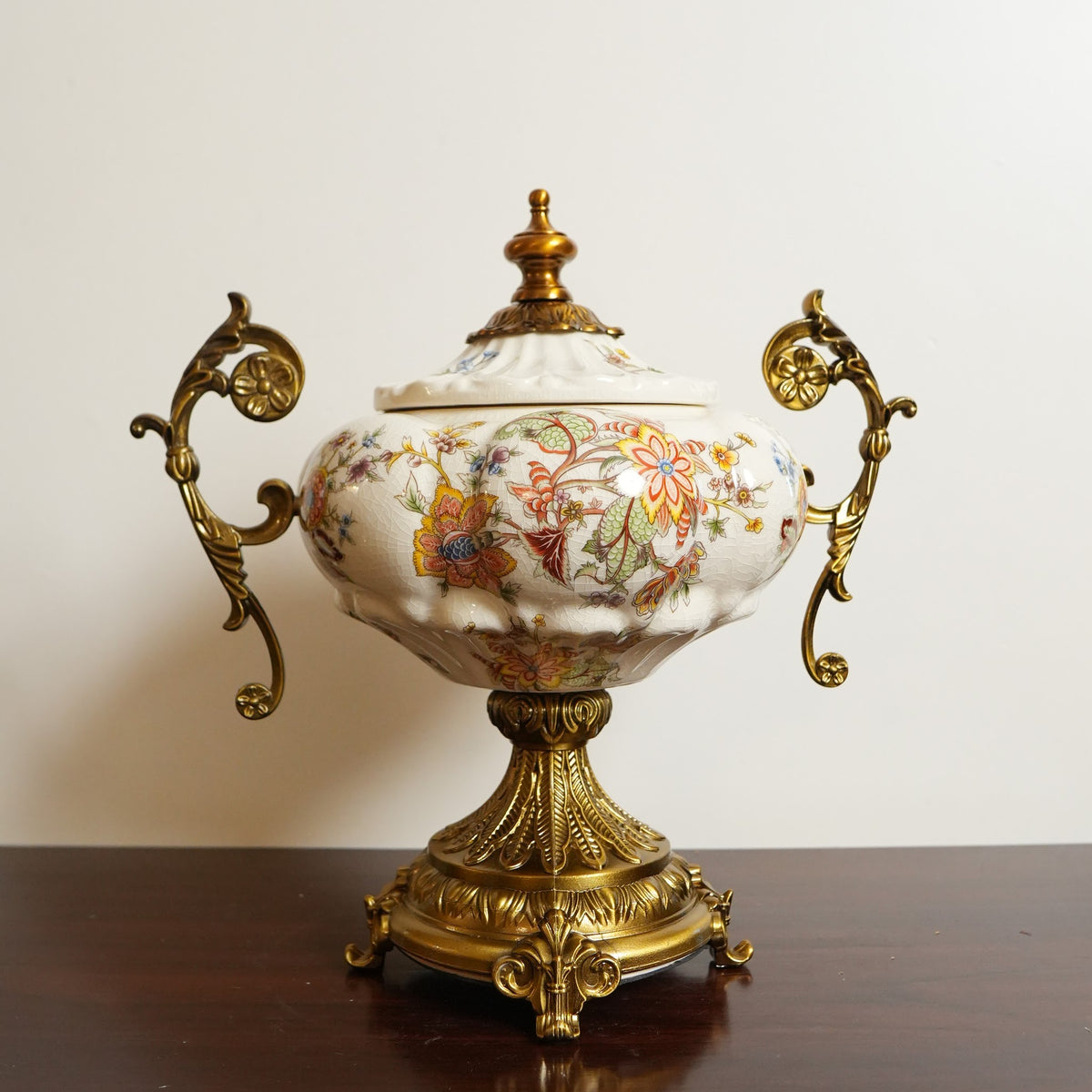 Ivory Jacobean Floral Ceramic Lidded Urn with Gold Scroll Handles & Pedestal