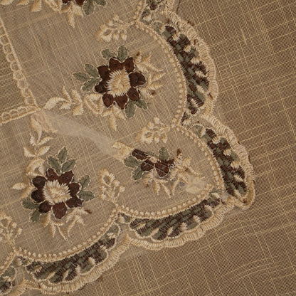 Close-up of the maroon and brown embroidered blossoms