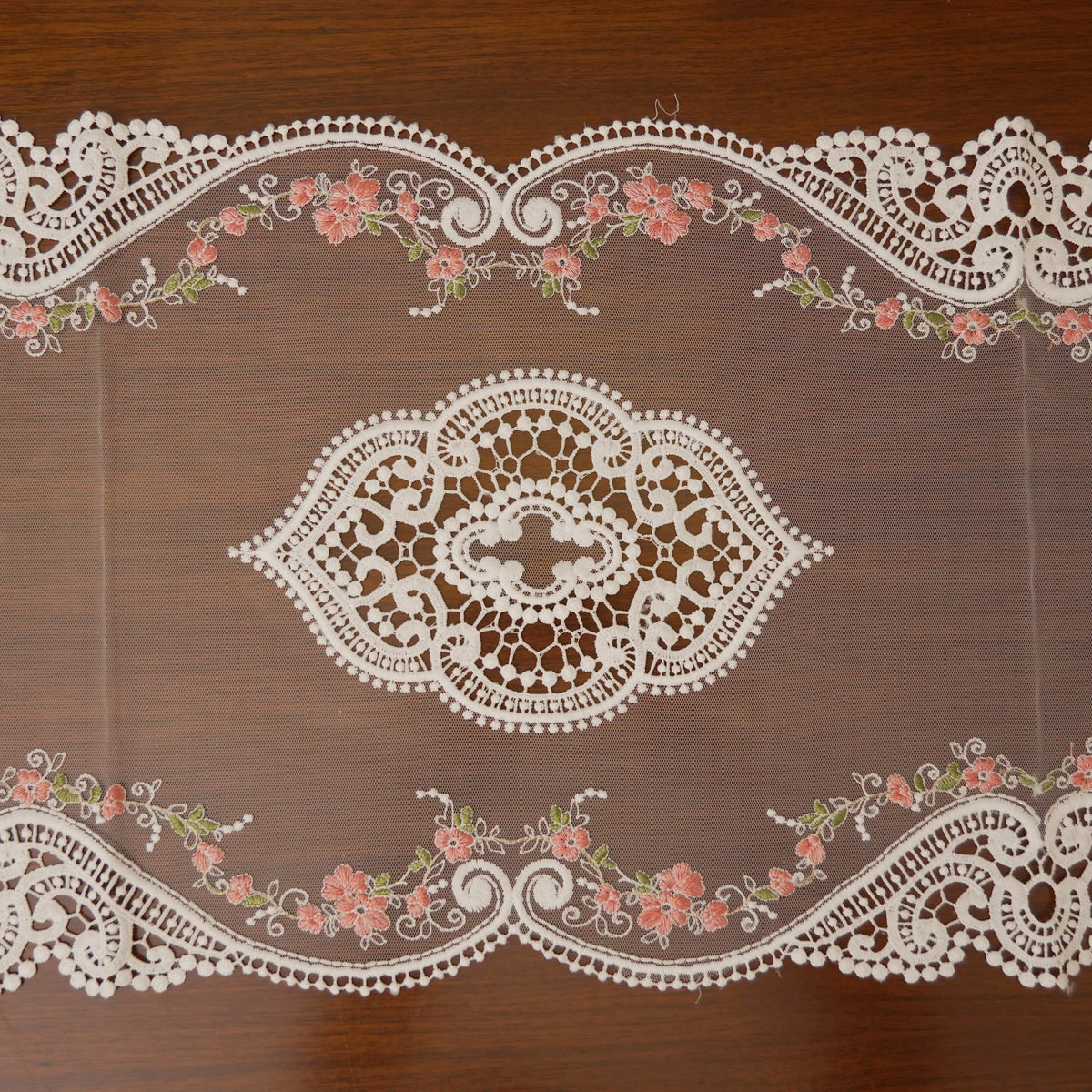 White Lace & Pink Floral Vine Sheer Table Runner (Long)