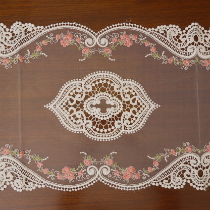 White Lace & Pink Floral Vine Sheer Table Runner (Long)