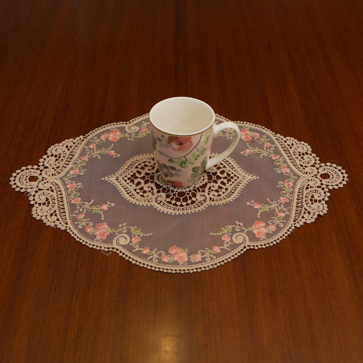 Gold Lace & Pink Floral Vine Sheer Oval Table Mat (Set of 2)